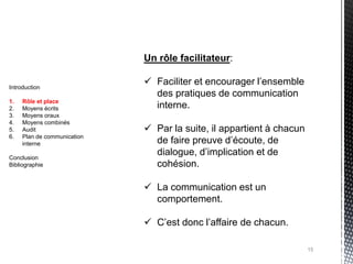 Un rôle facilitateur:

Introduction
                              Faciliter et encourager l’ensemble
                               des pratiques de communication
1.   Rôle et place
2.   Moyens écrits             interne.
3.   Moyens oraux
4.   Moyens combinés
5.   Audit                    Par la suite, il appartient à chacun
6.   Plan de communication
     interne                   de faire preuve d’écoute, de
Conclusion
                               dialogue, d’implication et de
Bibliographie                  cohésion.

                              La communication est un
                               comportement.

                              C’est donc l’affaire de chacun.

                                                                      15
 