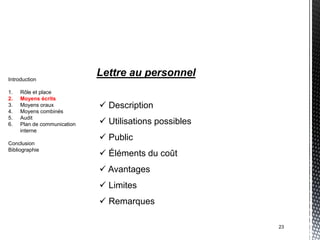 Introduction
                             Lettre au personnel
1.   Rôle et place
2.   Moyens écrits
3.   Moyens oraux             Description
4.   Moyens combinés
5.   Audit
6.   Plan de communication    Utilisations possibles
     interne
                              Public
Conclusion
Bibliographie
                              Éléments du coût
                              Avantages
                              Limites
                              Remarques

                                                        23
 