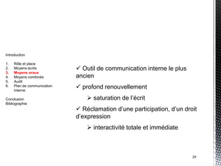 Introduction

1.   Rôle et place
2.   Moyens écrits            Outil de communication interne le plus
3.   Moyens oraux
4.   Moyens combinés         ancien
5.   Audit
6.   Plan de communication
     interne
                              profond renouvellement
Conclusion                        saturation de l’écrit
Bibliographie
                              Réclamation d’une participation, d’un droit
                             d’expression
                                  interactivité totale et immédiate



                                                                        29
 