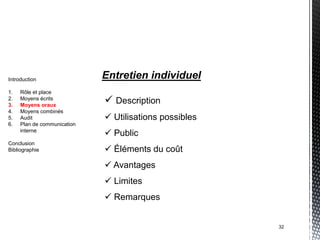 Introduction                 Entretien individuel
1.   Rôle et place
2.
3.
     Moyens écrits
     Moyens oraux
                              Description
4.   Moyens combinés
5.   Audit                    Utilisations possibles
6.   Plan de communication
     interne
                              Public
Conclusion
Bibliographie                 Éléments du coût
                              Avantages
                              Limites
                              Remarques


                                                        32
 