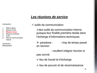 Les réunions de service

Introduction
                              outils de communication
1.   Rôle et place
2.   Moyens écrits              des outils de communication interne
3.   Moyens oraux
4.   Moyens combinés            puisque leur finalité première réside dans
5.
6.
     Audit
     Plan de communication      l’échange d’informations techniques
     interne

Conclusion                       paradoxe :         - trop de temps passé
Bibliographie                   en réunion
                                             - veuillent intégrer réunion si
                                pas convié
                                 lieu de travail et d’échange

                                 lieu de pouvoir et de reconnaissance
                                                                           35
 