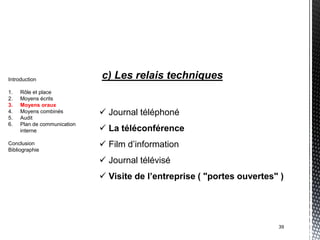 Introduction                 c) Les relais techniques
1.   Rôle et place
2.   Moyens écrits
3.   Moyens oraux
4.
5.
     Moyens combinés
     Audit
                              Journal téléphoné
6.   Plan de communication
     interne                  La téléconférence
Conclusion
Bibliographie
                              Film d’information
                              Journal télévisé
                              Visite de l’entreprise ( "portes ouvertes" )




                                                                         39
 