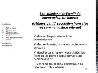 Les missions de l’audit de
                                    communication interne
Introduction                 (définies par l’Association française
1.   Rôle et place                de communication interne)
2.   Moyens écrits
3.   Moyens oraux
4.   Moyens combinés
5.
6.
     Audit
     Plan de communication
                               Mesurer l’impact d’un outil de
     interne                  communication
Conclusion
Bibliographie                  Mesurer les réactions à une décision mise
                              en œuvre
                               Identifier dans l’opinion des salariés, les
                              freins ou les points d’appui en vue d’une
                              décision à venir
                               Connaître les besoins d’information de
                              différents publics internes.
                                                                              47
 