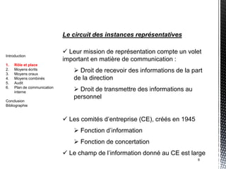 Le circuit des instances représentatives

                              Leur mission de représentation compte un volet
Introduction
                             important en matière de communication :
1.   Rôle et place
2.
3.
     Moyens écrits
     Moyens oraux
                                 Droit de recevoir des informations de la part
4.   Moyens combinés            de la direction
5.   Audit
6.   Plan de communication
     interne
                                 Droit de transmettre des informations au
                                personnel
Conclusion
Bibliographie


                              Les comités d’entreprise (CE), créés en 1945
                                 Fonction d’information
                                 Fonction de concertation
                              Le champ de l’information donné au CE est large
                                                                              9
 