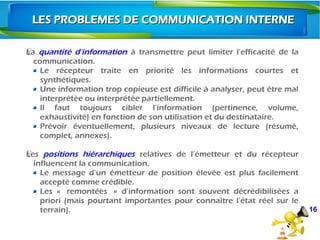 16
LES PROBLEMES DE COMMUNICATION INTERNELES PROBLEMES DE COMMUNICATION INTERNE
LaŸ quantité d’information à transmettre peut limiter l’efficacité de la
communication.
Le récepteur traite en priorité les informations courtes et
synthétiques.
Une information trop copieuse est difficile à analyser, peut être mal
interprétée ou interprétée partiellement.
Il faut toujours cibler l’information (pertinence, volume,
exhaustivité) en fonction de son utilisation et du destinataire.
Prévoir éventuellement, plusieurs niveaux de lecture (résumé,
complet, annexes).
 
LesŸ positions hiérarchiques relatives de l’émetteur et du récepteur
influencent la communication.
Le message d’un émetteur de position élevée est plus facilement
accepté comme crédible.
Les «  remontées  » d’information sont souvent décrédibilisées a
priori (mais pourtant importantes pour connaître l’état réel sur le
terrain).
 