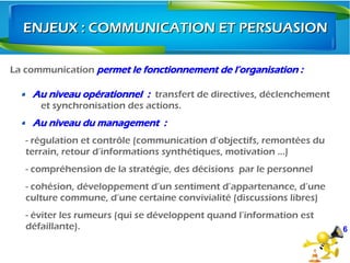 La communication permet le fonctionnement de l’organisation :
Au niveau opérationnel  : transfert de directives, déclenchement
et synchronisation des actions.
Au niveau du management  :
- régulation et contrôle (communication d’objectifs, remontées du
terrain, retour d’informations synthétiques, motivation ...)
- compréhension de la stratégie, des décisions  par le personnel
- cohésion, développement d’un sentiment d’appartenance, d’une
culture commune, d’une certaine convivialité (discussions libres)
- éviter les rumeurs (qui se développent quand l’information est
défaillante).
ENJEUX : COMMUNICATION ET PERSUASIONENJEUX : COMMUNICATION ET PERSUASION
6
 