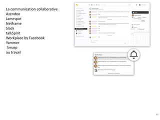 44
La communication collaborative
Azendoo
Jamespot
Netframe
Slack
talkSpirit
Workplace by Facebook
Yammer
Smarp
au travail
 