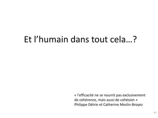 Et l’humain dans tout cela…?
45
« l'efficacité ne se nourrit pas exclusivement
de cohérence, mais aussi de cohésion »
Philippe Détrie et Catherine Meslin-Broyez
 