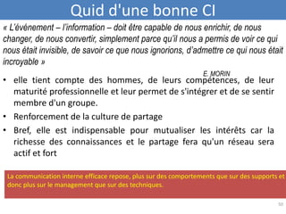 « L’événement – l’information – doit être capable de nous enrichir, de nous
changer, de nous convertir, simplement parce qu’il nous a permis de voir ce qui
nous était invisible, de savoir ce que nous ignorions, d’admettre ce qui nous était
incroyable »
E. MORIN
50
Quid d'une bonne CI
• elle tient compte des hommes, de leurs compétences, de leur
maturité professionnelle et leur permet de s'intégrer et de se sentir
membre d'un groupe.
• Renforcement de la culture de partage
• Bref, elle est indispensable pour mutualiser les intérêts car la
richesse des connaissances et le partage fera qu'un réseau sera
actif et fort
La communication interne efficace repose, plus sur des comportements que sur des supports et
donc plus sur le management que sur des techniques.
 