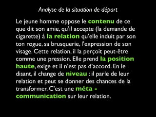 Le jeune homme oppose le contenu de ce
que dit son amie, qu’il accepte (la demande de
cigarette) à la relation qu’elle induit par son
ton rogue, sa brusquerie, l’expression de son
visage. Cette relation, il la perçoit peut-être
comme une pression. Elle prend la position
haute, exige et il n’est pas d’accord. En le
disant, il change de niveau : il parle de leur
relation et peut se donner des chances de la
transformer. C’est une méta -
communication sur leur relation.
Analyse de la situation de départ
 