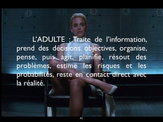 L’ADULTE : Traite de l’information,
prend des décisions objectives, organise,
pense, puis agit, planiﬁe, résout des
problèmes, estime les risques et les
probabilités, reste en contact direct avec
la réalité.
41
 