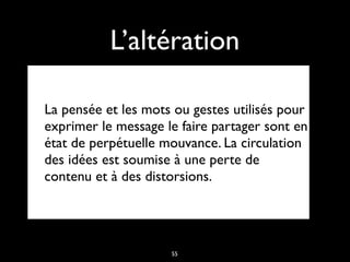 L’altération
La pensée et les mots ou gestes utilisés pour
exprimer le message le faire partager sont en
état de perpétuelle mouvance. La circulation
des idées est soumise à une perte de
contenu et à des distorsions.
55
 