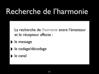 Recherche de l’harmonie
La recherche de l’harmonie entre l’émetteur
et le récepteur affecte :
‣ le message
‣ le codage/décodage
‣ le canal
62
 