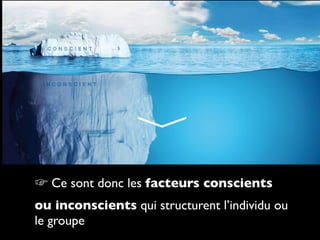 ☞ Ce sont donc les facteurs conscients
ou inconscients qui structurent l’individu ou
le groupe
 
