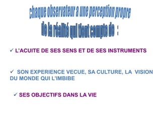  L’ACUITE DE SES SENS ET DE SES INSTRUMENTS
 SON EXPERIENCE VECUE, SA CULTURE, LA VISION
DU MONDE QUI L’IMBIBE
 SES OBJECTIFS DANS LA VIE
 