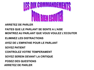 ARRETEZ DE PARLER
FAITES QUE LE PARLANT SE SENTE A L’AISE
MONTREZ AU PARLANT QUE VOUS VOULEZ L’ECOUTER
ELIMINEZ LES DISTRACTIONS
AYEZ DE L’EMPATHIE POUR LE PARLANT
SOYEZ PATIENT
CONTROLEZ VOTRE TEMPERAMENT
SOYEZ SEREIN DEVANT LA CRITIQUE
POSEZ DES QUESTIONS
ARRETEZ DE PARLER
 
