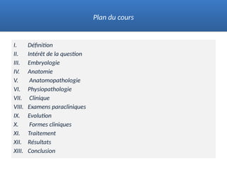I. Définition
II. Intérêt de la question
III. Embryologie
IV. Anatomie
V. Anatomopathologie
VI. Physiopathologie
VII. Clinique
VIII. Examens paracliniques
IX. Evolution
X. Formes cliniques
XI. Traitement
XII. Résultats
XIII. Conclusion
Plan du cours
 