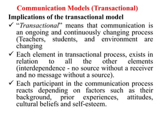 Communication Models (Transactional)
Implications of the transactional model
 “Transactional” means that communication is
an ongoing and continuously changing process
(Teachers, students, and environment are
changing
 Each element in transactional process, exists in
relation
to
all
the
other
elements
(interdependence - no source without a receiver
and no message without a source).
 Each participant in the communication process
reacts depending on factors such as their
background, prior experiences, attitudes,
cultural beliefs and self-esteem.

 