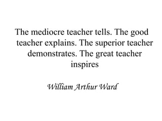 The mediocre teacher tells. The good
teacher explains. The superior teacher
demonstrates. The great teacher
inspires
William Arthur Ward

 