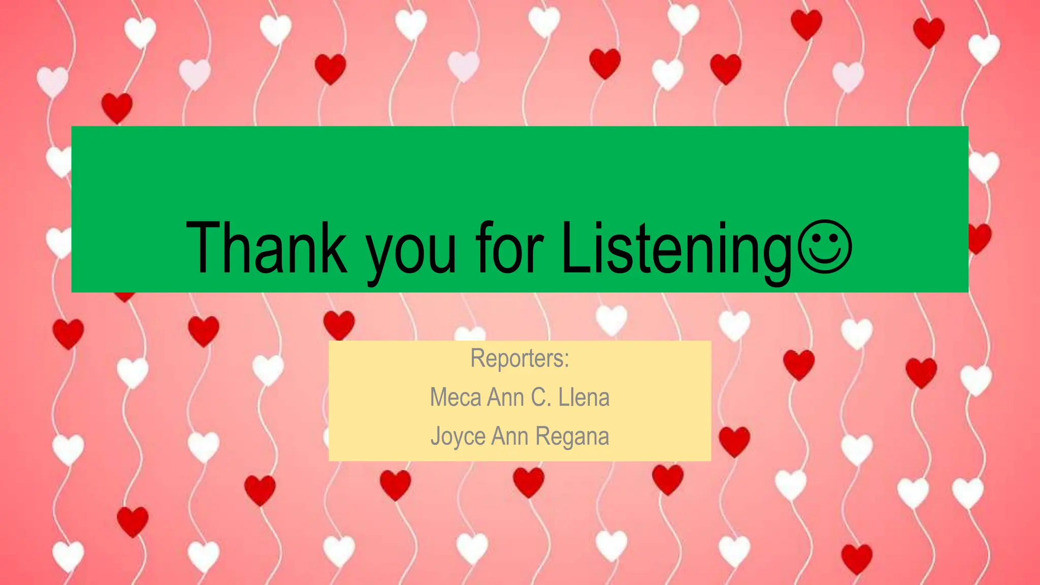 Thank you for Listening
Reporters:
Meca Ann C. Llena
Joyce Ann Regana
 