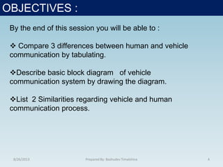8/26/2013 Prepared By: Bashudev Timalshina 4
OBJECTIVES :
By the end of this session you will be able to :
 Compare 3 differences between human and vehicle
communication by tabulating.
Describe basic block diagram of vehicle
communication system by drawing the diagram.
List 2 Similarities regarding vehicle and human
communication process.
 