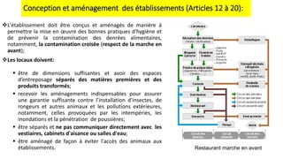 L'établissement doit être conçus et aménagés de manière à
permettre la mise en œuvre des bonnes pratiques d'hygiène et
de prévenir la contamination des denrées alimentaires,
notamment, la contamination croisée (respect de la marche en
avant);
Les locaux doivent:
 être de dimensions suffisantes et avoir des espaces
d’entreposage séparés des matières premières et des
produits transformés;
 recevoir les aménagements indispensables pour assurer
une garantie suffisante contre l’installation d'insectes, de
rongeurs et autres animaux et les pollutions extérieures,
notamment, celles provoquées par les intempéries, les
inondations et la pénétration de poussières;
 être séparés et ne pas communiquer directement avec les
vestiaires, cabinets d'aisance ou salles d'eau;
 être aménagé de façon à éviter l'accès des animaux aux
établissements.
Conception et aménagement des établissements (Articles 12 à 20):
Restaurant marche en avant
 