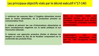 Les principaux objectifs visés par le décret exécutif n°17-140:
1- renforcer les mesures liées à l’hygiène alimentaire durant
toute la chaine alimentaire, de la production primaire au
consommateur final;
2- réduire et prévenir les cas d’intoxications alimentaires et
leurs conséquences négatives sur la santé publique et sur
l'économie nationale;
3- instaurer une approche proactive (limiter et éliminer les
dangers en amont au lieu de se focaliser uniquement sur la
conformité des produits finis).
Bilan du Contrôle révèle ces
dernières années que: le défaut
d’hygiène représente entre 40-45%
des infractions constatées (activités
commerciales)
Augmentation des cas
d’intoxications alimentaires ainsi
que les TIAC enregistrés chaque
années
 