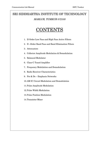 Communication Lab Manual                                         SSIT, Tumkur



SRI SIDDHARTHA INSTITUTE OF TECHNOLOGY
                       MARLUR, TUMKUR-572105



                           CONTENTS
             1. II-Order Low Pass and High Pass Active Filters

             2. II –Order Band Pass and Band Elimination Filters

             3. Attenuators

             4. Collector Amplitude Modulation & Demodulation

             5. Balanced Modulator

             6. Class-C Tuned Amplifier

             7. Frequency Modulation and Demodulation

             8. Radio Receiver Characteristics

             9. Pre & De – Emphasis Networks

             10. AM IC Circuit-Modulation and Demodulation

             11. Pulse Amplitude Modulation

             12. Pulse Width Modulation

             13. Pulse Position Modulation

             14. Transistor Mixer
 
