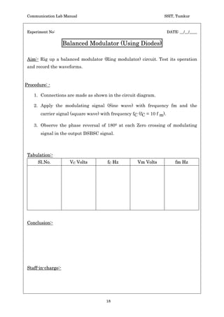 Communication Lab Manual                                        SSIT, Tumkur


WAVE FORMS: -




     (a) Carrier wave, (b) Sinusoidal wave, (c) Amplitude modulated signal.



Conclusion:-




Staff-in-charge:-




                                     16
 