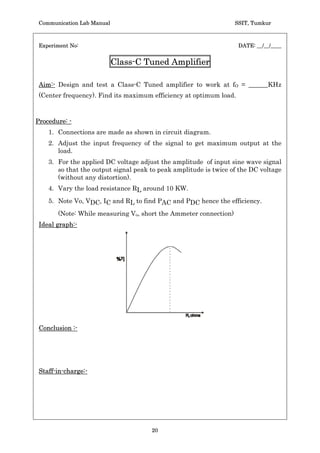Communication Lab Manual                                          SSIT, Tumkur



 Experiment No:                                                        DATE: __/__/____


                     Balanced Modulator (Using Diodes)

 Aim:- Rig up a balanced modulator (Ring modulator) circuit. Test its operation
 and record the waveforms.



Procedure: -

    1. Connections are made as shown in the circuit diagram.

    2. Apply the modulating signal (Sine wave) with frequency fm and the
       carrier signal (square wave) with frequency fC (fC = 10 f m).

    3. Observe the phase reversal of 1800 at each Zero crossing of modulating
       signal in the output DSBSC signal.



 Tabulation:-
      Sl.No.           VC Volts        fC Hz          Vm Volts             fm Hz




 Conclusion:-




 Staff-in-charge:-




                                      18
 
