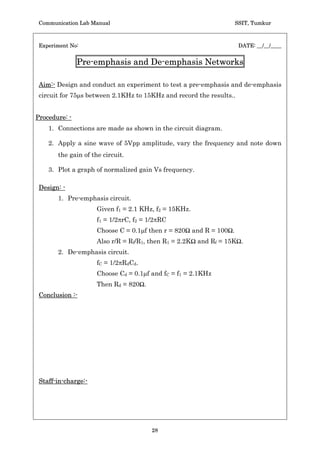Communication Lab Manual                                                 SSIT, Tumkur



Experiment No:                                                             DATE: __/__/____


                      Radio Receiver Characteristics
Aim:- Plot the sensitivity/selectivity/fidelity graphs of a given AM Broadcast receiver in
MW band by conducting suitable experiment.
Procedure: -
   1. Connections are made as shown in the circuit diagram.
   2. Ensure the Radio Receiver is in MW band.
   3. Adjust the modulation index of AM signal at 30 %  fm = 400 Hz.
   4. Let the receiver be tuned to 800 KHz. (can be anywhere between 540 KHz 1450
      KHz).
   5. Keeping the carrier frequency of the AM signal at 800 KHz, observe the
      demodulated signal and note down its amplitude.
Selectivity: -
   1. Repeat the step 5 by changing the carrier frequency at 805, 810, 815 and 795,
      790, 785 KHz.
   2. Plot a graph of carrier frequency of AM signal Vs the amplitude of the output
      signal (Vo Vs fc).
Sensitivity: -
   1. Repeat the steps 1 to 5.
   2. Vary the amplitude of the AM signal to get a standard value of output voltage
      (Volts). All the other parameters are kept constant (i.e., fc, fm, m). Note the
      change in the amplitude of the output signal.
   3. Repeat step 9 for different values of fc.
   4. Plot a graph of amplitude of input signal v/s carrier frequency of AM signal (Vi
      v/s fc).
Fidelity: -
   1. Repeat the steps 1 to 5.
   2. Vary the frequency of the modulating signal keeping all other parameters
      constant (i.e., fc, VAM, m). Note the change in the amplitude of the output signal.

   3. Plot a graph of amplitude of output signal Vs frequency of the modulating signal
      (Vo Vs fm).
Conclusion:-




Staff-in-charge:-




                                          26
 