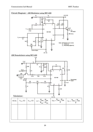 Communication Lab Manual                                        SSIT, Tumkur


Circuit Diagram: -
Pre-emphasis                                De-emphasis




TABULATION: - Pre-Emphasis N/W
                                  Vo         Normalized gain   Normalized Gain
   f Hz        Vo volts    Gain
                                  Vi            Gain/Go            In db




De-Emphasis N/W
                                  Vo         Normalized gain   Normalized Gain
   f Hz        Vo volts    Gain
                                  Vi            Gain/Go            In db




                                       27
 