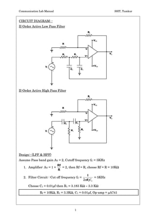 Communication Lab Manual                                          SSIT, Tumkur


CIRCUIT DIAGRAM: -
II-Order Active Low Pass Filter




II-Order Active High Pass Filter




Design:- (LPF & HPF)
Assume Pass band gain AV = 2, Cutoff frequency fC = 5KHz
                            Rf
   1. Amplifier: AV = 1 +      = 2, then Rf = R, choose Rf = R = 10KŸ
                            R
                                                  1
   2. Filter Circuit : Cut off frequency fC =          = 5KHz
                                                2SR1C1
      Choose C1 = 0.01Pf then R1 = 3.183 KŸ a 3.3 KŸ

              Rf = 10KŸ, R1 = 3.3KŸ, C1 = 0.01Pf, Op-amp = PA741




                                        1
 