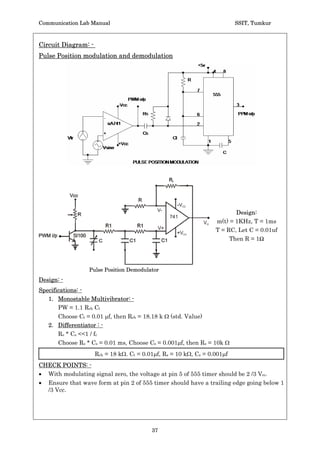 Communication Lab Manual                                                           SSIT, Tumkur


Design: -

Specifications: -
                   Frequency fc = 1 KHz, duty cycle: 50 %
                 T = 1 ms, Ton = Tb= 0.5 ms
I) Astable multivibrator: -             Where RcH = charging resistance,
                                        RDCH = Discharging Resistance,
                                        Rf = Diode forward resistance
                                        Ct = timing capacitor
                 TON = 0.69 (RCH + Rf ) Ct
                 Toff = 0.69 (RDCH + Rf) Ct
                 Ton = Toff = 0.5 ms
                 Choose Ct = 0.1 Pf, then (RCH + Rf) = (RDCH + Rf) = 7.246 k:
                 Assuming Rf of diode = 100:,
                 Then RCH = RDCH = 7.146 k: (use 6.8 k: + 330: std value)
II) Clamping ckt
        Negative peak of the modulating signal clamped to zero
        Rc 1 /fm, fm = 100Hz
        RC = 100 /fm, choose C= 10 f, then R = 100K.
        RCH = RDCH = (6.8K      + 330 ), R = 100K , Ct = 0.1        f, C = 10 f.


Check points: -
With modulating signal zero, the voltage at pin 5 of 555 timer should be 2/3 VCC.
Ensure that modulating signal is clamped.



 Tabulation: -
 Unmodulated carrier          PWM Output                                            Demodulator
                                                          Dynamic   Modulating
  Ton       Toff              Max.width       Min.width
                      fc Hz                                range    frequency       VO(V)   fO(Hz)
  ms        ms                   ms              ms
                                                           volts      fm Hz




                                                35
 