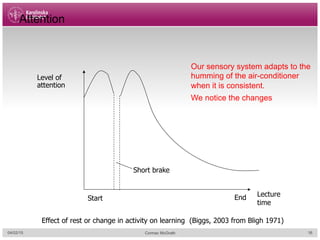 Attention
Level of
attention
Effect of rest or change in activity on learning (Biggs, 2003 from Bligh 1971)
Start End Lecture
time
Short brake
Our sensory system adapts to the
humming of the air-conditioner
when it is consistent.
We notice the changes
04/02/15 Cormac McGrath 16
 
