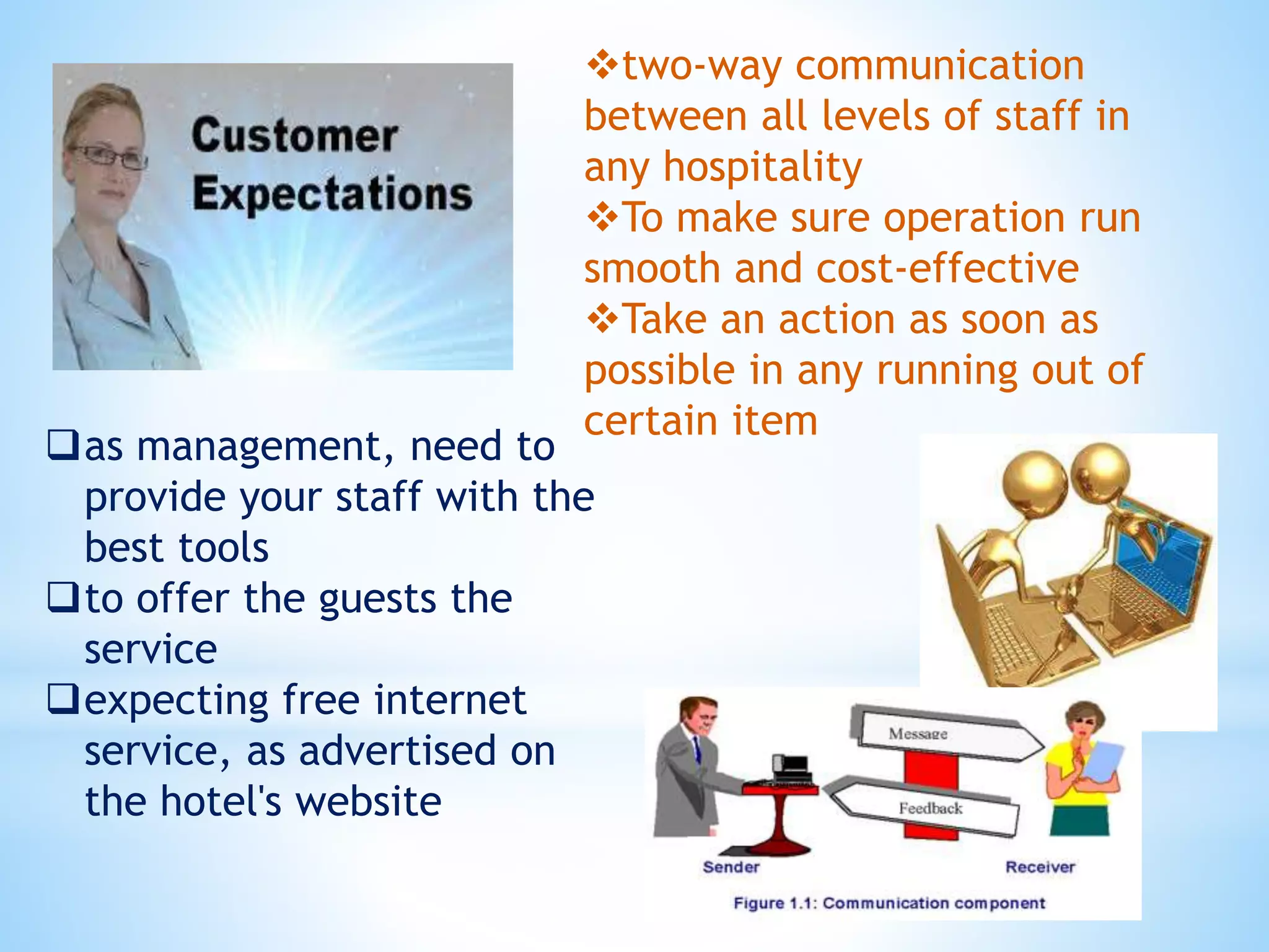 as management, need to
provide your staff with the
best tools
to offer the guests the
service
expecting free internet
service, as advertised on
the hotel's website
two-way communication
between all levels of staff in
any hospitality
To make sure operation run
smooth and cost-effective
Take an action as soon as
possible in any running out of
certain item
 