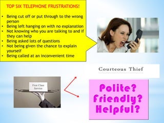 TOP SIX TELEPHONE FRUSTRATIONS!
• Being cut off or put through to the wrong
person
• Being left hanging on with no explanation
• Not knowing who you are talking to and if
they can help
• Being asked lots of questions
• Not being given the chance to explain
yourself
• Being called at an inconvenient time
 