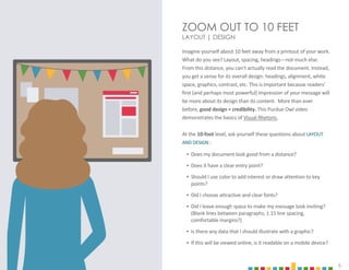 6
ZOOM OUT TO 10 FEET
LAYOUT | DESIGN
Imagine yourself about 10 feet away from a printout of your work.
What do you see? Layout, spacing, headings—not much else.
From this distance, you can’t actually read the document. Instead,
you get a sense for its overall design: headings, alignment, white
space, graphics, contrast, etc. This is important because readers’
first (and perhaps most powerful) impression of your message will
be more about its design than its content. More than ever
before, good design = credibility. This Purdue Owl video
demonstrates the basics of Visual Rhetoric.
At the 10-foot level, ask yourself these questions about LAYOUT
AND DESIGN :
‣ Does my document look good from a distance?
‣ Does it have a clear entry point?
‣ Should I use color to add interest or draw attention to key
points?
‣ Did I choose attractive and clear fonts?
‣ Did I leave enough space to make my message look inviting?
(Blank lines between paragraphs, 1.15 line spacing,
comfortable margins?)
‣ Is there any data that I should illustrate with a graphic?
‣ If this will be viewed online, is it readable on a mobile device?
 