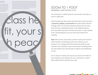 10
ZOOM TO 1 FOOT
GRAMMAR | PUNCTUATION | STYLE
Your final step is to edit for grammar, punctuation, and style, so
zoom in really close.
Comb through your work at the sentence level to catch any errors
of grammar, spelling, or punctuation that will interfere with the
message. Alert: You may have already read your work so many
times that you mentally skip words, so try reading it aloud to
force yourself to slow down and hear the words. To catch spelling
errors, read backwards so you see each word instead of its
meaning.
Style refers to tone, word choice, sentence variety, and a host of
other elements. Everything you write has a style; you can’t
escape it. As an analogy, think about what you decide to wear
each day. Your wardrobe choices communicate something about
you; they reflect your personal style or fashion sense (deliberate
or not).
So it is with your writing. The way you use words, the rhythm of
your sentences, even whether you use a semicolon or a dash—
these subtle choices constitute your style.
class he
fit, your s
h peac
 