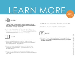 LEARN MORE
(Bold
citations
are
referenced
in
the
chapter
text.)
ARTICLES
“A General Guide to Understanding Written Plagarism.” EasyBib.
http://www.easybib.com/guides/students/research-guide/what-
is-plagiarism/, accessed February 2017.
Silverman, David. “That Written-By-Committee Flavor.” Harvard
Business Review, December 21, 2009. https://hbr.org/2009/12/that-
writtenbycommittee-flavor, accessed February 2017.
Nel, Phillip. Dr. Seuss: American icon. Bloomsbury Academic, 2003.
BOOKS
Abell, Alicia. Business Grammar, Style, and Usage: The Desk
Reference for Articulate and Polished Business Writing, Speaking,
and Correspondence. Aspatore, 2003.
Cunningham, Helen, and Brenda Greene. The Business Style
Handbook: An A-to-Z Guide for Effective Writing on the Job.
McGraw Hill, 2013.
Einsohn, Amy. The Copyeditor’s Handbook: A Guide for Book
Publishing and Corporate Communications. University of California
Press, 2006.
Pinker, Steven. The Sense of Style. New York: Viking, 2014.
VIDEOS
OWLPurdue. “Purdue OWL: Visual Rhetoric,” YouTube, published
January 1, 2013. https://www.youtube.com/watch?v=-vJvivIzkDg,
accessed February 2017.
 