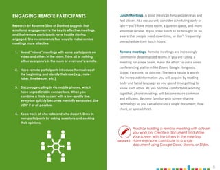 8
Lunch Meetings A good meal can help people relax and
feel closer. At a restaurant, consider scheduling early or
late—you’ll have more room, a quieter space, and more
attentive service. If you order lunch to be brought in, be
aware that people need downtime, so don’t frequently
overschedule their lunch hours.
Remote meetings Remote meetings are increasingly
common in decentralized teams. If you are calling a
meeting for a new team, make the effort to use a video
conferencing platform like Zoom, Google Hangouts,
Skype, Facetime, or Join.me. The extra hassle is worth
the increased information you will acquire by reading
body and facial language as you spend time getting to
know each other. As you become comfortable working
together, phone meetings will become more common
and efficient. Become familiar with screen-sharing
technology so you can all discuss a single document, flow
chart, or spreadsheet.
ENGAGING REMOTE PARTICIPANTS
Research by Rosanne Siino at Stanford suggests that
emotional engagement is the key to effective meetings,
and that remote participants have trouble staying
engaged. She recommends four ways to make remote
meetings more effective:
1. Avoid “mixed” meetings with some participants on
video and others in the room. Think all or nothing:
either everyone’s in the room or everyone’s remote.
2. Have remote participants introduce themselves at
the beginning and identify their role (e.g., note-
taker, timekeeper, etc.).
3. Discourage calling in via mobile phones, which
have unpredictable connections. When you
combine a thick accent with a low-quality line,
everyone quickly becomes mentally exhausted. Use
VOIP if at all possible.
4. Keep track of who talks and who doesn’t. Draw in
non-participants by asking questions and seeking
their opinions.
Practice holding a remote meeting with a team
you work on. Create a document and share
your screen with the others in the meeting.
Have everyone contribute to a single
document using Google Docs, Sheets, or Slides.
Activity 9.1
 