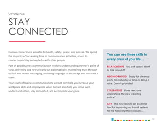 10
SECTION FOUR
STAY
CONNECTED
You can use these skills in
every area of your life…
RELATIONSHIPS You look upset. Want
to talk about it?
NEIGHBORHOOD Empty lot cleanup
party this Saturday at 10 a.m. Bring a
rake. Donuts provided!
COLLEAGUES Does everyone
understand the new reporting
policy?
CITY The new bond is an essential
tool for improving our transit system
for the following three reasons . . .
Human connection is valuable to health, safety, peace, and success. We spend
the majority of our waking time in communication activities, driven to
connect—and stay connected—with other people.
Part of good business communication involves understanding another’s point of
view, delivering bad news clearly but diplomatically, maintaining trust through
ethical and honest messaging, and using language to encourage and motivate a
team.
Your study of business communications will not only help you increase your
workplace skills and employable value, but will also help you to live well,
understand others, stay connected, and accomplish your goals.
 