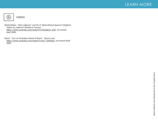LEARN MORE
(Bold
citations
are
referenced
in
the
chapter
text.)
VIDEOS
Slack. “You’ve Probably Heard of Slack.” Slack.com.
https://www.youtube.com/watch?v=6c7_TpPUpL0, accessed April
2020.
MotivaShian. “Shia LaBeouf “Just Do it” Motivational Speech (Original
Video by LaBeouf, Rönkkö & Turner).”
https://www.youtube.com/watch?v=ZXsQAXx_ao0, accessed
April 2020.
 