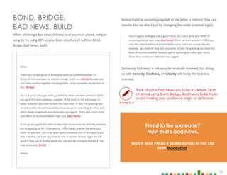 16
BOND, BRIDGE,
BAD NEWS, BUILD
When planning a bad news delivery(and you must plan it, not just
wing it), try using 4B’s as your basic structure or outline: Bond,
Bridge, Bad News, Build.
Notice that the second paragraph in the letter is indirect. You can
rewrite it to be direct just by changing the order (internal logic):
Need to fire someone?
Now that’s bad news.
Watch Brad Pitt do it professionally in this clip
from Moneyball.
Think of some bad news you have to deliver. Draft
an email using Bond, Bridge, Bad News, Build. Try to
avoid making your audience angry or defensive.
Casey:
Thank you for asking me to write your letter of recommendation. I’m
flattered that you value my opinion enough to ask me. (Bond) Because you
and I have worked together for a long time, I want to explain my decision to
you. (Bridge)
You’re a great colleague and a good friend. When we both worked in OEM,
you were the most ambitious member of the team. In the last couple of
years, however, you seem to have lost your drive. In fact, I’m guessing you
need this letter of recommendation because you’re searching for other jobs,
which shows how much your dedication has lagged. That’s why I can’t write
your letter of recommendation right now. (Bad News)
If you up your game for a few months and can reassure me that the company
you’re applying to isn’t a competitor, I’d be happy to write the letter you
need. At your best, you’re an asset to any company and I’d be happy to put
that in writing. Let’s set up a time to chat in person. I’d love to get the full
story of how you’re feeling about your job and the company and see if I can
help in any way. (Build)
Amina
Delivering bad news is not easy for anybody involved, but doing
so with honesty, kindness, and clarity will make the task less
onerous.
You’re a great colleague and a good friend, but I can’t write your letter of
recommendation right now. (Bad News) When we both worked in OEM, you
were the most ambitious member of the team. In the last couple of years,
however, you seem to have lost your drive. In fact, I’m guessing you need this
letter of recommendation because you’re searching for other jobs, which
shows how much your dedication has lagged.
Activity 10.4
 