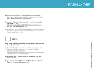 13
LEARN MORE
BOOKS
(Bold
citations
are
referenced
in
the
chapter
text.)
LEARN MORE
Plain Language: Improving Communications from the Federal
Government to the Public. May 2011. Accessed June 23, 2017.
http://www.plainlanguage.gov/index.cfm.
Stewart, Bri. “10 Coolest Entrepreneurs: Eric Farr.” Utah Valley 360,
December 11, 2015.
http://utahvalley360.com/2015/12/11/coolest-entrepreneur-
eric-farr/ , accessed February 2017.
White, Myron L. “How Badly Does Management Want Good Business
Writing?” Journal of Business Communication 3, no. 2 (1966): 15-
16, accessed February 2017.
Fried, Jason, and David Heinemeier Hansson. Rework. New York, NY:
Crown Business, 2010.
Garber, Peter R. 50 Communications Activities, Icebreakers, and
Exercises. (Amherst: HRD Press, Inc., 2008.) PDF e-book.
http://plankcenter.ua.edu/wp-
content/uploads/2018/08/50CommunicationActivitiesIcebreaker
sandExercises.pdf , accessed April 2020.
Strunk, William, and E. B. White. 2000. The Elements of Style. New
York: Longman.
Zenger, John, and Joseph Folkman. The Extraordinary Leader. New
York, NY: McGraw-Hill Education, 2009.
 