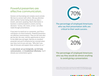 3
Humans are fascinating and complex social animals.
We love to connect with others. We pay attention
when another human being stands up, takes a
breath, and starts speaking. Much information in
business is communicated on screens, but key
decisions—to buy, sell, invest, or hire—are often
made through presentations.
If you learn to stand out as a presenter, you’ll be a
contributor at critical moments. Powerful presenters
are effective communicators. They are the ones who
get the job, the raise, and the opportunity to return
to the table time and again. Become an excellent
presenter and you’ll certainly be less stressed when
your boss turns to you and says, “Why don’t you
take 10 minutes and explain those numbers to us.”
So plan ahead, set up strategically, use full body
communication, and troubleshoot effectively. You’ll
elevate your presentation game.
Powerful presenters are
effective communicators.
The percentage of employed Americans
who say that presentation skills are
critical to their work success.
70%
The percentage of employed Americans
who say they would do almost anything
to avoid giving a presentation.
Forbes: https://www.forbes.com/sites/carminegallo/2014/09/25/new-survey-
70-percent-say-presentation-skills-critical-for-career-success/#32d83b708890
20%
 