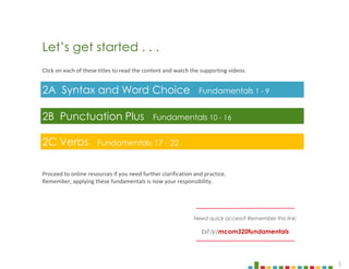 3
Let’s get started . . .
Click on each of these titles to read the content and watch the supporting videos.
Proceed to online resources if you need further clarification and practice.
Remember, applying these fundamentals is now your responsibility.
Need quick access? Remember this link:
bit.ly/mcom320fundamentals
2A Syntax and Word Choice Fundamentals 1 - 9
2B Punctuation Plus Fundamentals 10 - 16
2C Verbs Fundamentals 17 - 22
 