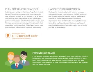 18
HANDLE TOUGH QUESTIONS
Maybe you’ve encountered a hostile audience or you are
unprepared to answer a key question in the Q&A. Now is the
time to listen. Repeat the question to clarify. Ask follow-up
questions to understand your listeners’ concerns or
requirements. If you don’t know the answers, be honest and
say so. Once you fully understand the issues, say how and
when you’ll address them. To prepare, read How to Handle
the Q&A by Leslie Belknap.
PLAN FOR LENGTH CHANGES
Suddenly you’re getting the “cut it short” sign from the back.
Can you? Some organizers are great at protecting speaker
time, others not so much. Be sure you have XS, M, XL (extra-
short, medium, extra-long) versions of your presentation
planned so that you can roll with whatever time you are given.
The most common scenario is that you’ll need to cut it short,
so spend the most time on that. Think of ways you can make
your main point, then distribute supporting points evenly.
If you’re going to present with a team, rehearsal is even more important. Practice
introductions and smooth transitions, decide who will handle questions for each
topic, even coordinate your level of dress. A smart, capable team that likes
each other is a joy to behold, so show your audience that you work well together
and can get the job done.
18
PRESENTING IN TEAMS
Always plan to end
5 -10 percent early
Your audience will love you.
 
