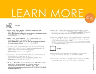 LEARN MORE
(Bold
citations
are
referenced
in
the
chapter
text.)
Atwood, Sarah Smith. “Making a Splash on SharkTank.” The
Exchange. March 17, 2016.
https://marriottmag.wordpress.com/2016/03/17/making-a-splash-
on-shark-tank/, accessed February 2017.
ARTICLES
BOOKS
Belknap, Leslie. “How To Handle A Q&A Session During Your
Presentation.” Ethos 3. January 15, 2016.
https://www.ethos3.com/2016/01/how-to-handle-a-qa-session-
during-your-presentation/, accessed February 2017.
Kraft, Tara L., Sarah D. Pressman. “Grin and Bear It: The Influence of
Manipulated Facial Expression on the Stress Response.”
Psychological Science 23, no. 11 (2012): 1372 - 1378.
http://journals.sagepub.com/doi/full/10.1177/0956797612445312,
accessed February 2017.
Cain, Susan. “10 Public Speaking Tips From My Year of Speaking
Dangerously.” Quiet Revolution. http://www.quietrev.com/10-
public-speaking-tips-from-my-year-speaking-
dangerously/, accessed February 2017.
Reynolds, Garr. Presentation Zen: Simple Ideas on Presentation
Design and Delivery. Berkeley, CA: New Riders, 2008.
Gallo, Carmine. Talk Like Ted: The 9 Public-Speaking Secrets of the
World’s Top Minds. New York, NY: St. Martin’s Press, 2014.
Duarte, Nancy. “Conquer Your Nerves Before Your Presentation.”
Harvard Business Review. April 28, 2015.
https://hbr.org/2015/04/conquer-your-nerves-before-your-
presentation, accessed February 2017.
Morgan, Nick. “How to Become an Authentic Speaker.” Harvard
Business Review, November 2008. https://hbr.org/2008/11/how-to-
become-an-authentic-speaker, accessed February 2017.
Savoy, April, Robert W. Proctor, and Gavriel Salvendy. “Information
retention from PowerPointTM and traditional lectures.” Computers
& Education 52, no. 4 (2009): 858-867.
http://www.sciencedirect.com/science/article/pii/S036013150800
2017, accessed February 2017.
 