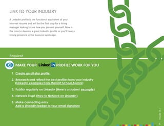 6
A LinkedIn profile is the functional equivalent of your
internet resume and will be the first stop for a hiring
manager looking to see how you present yourself. Now is
the time to develop a great LinkedIn profile so you’ll have a
strong presence in the business landscape.
LINK TO YOUR INDUSTRY
2. Research and reflect the best profiles from your industry
3. Publish regularly on LinkedIn (Here’s a student
4. Network it up!
5. Make connecting easy
1. Create an all-star profile
(LinkedIn examples from Marriott School Alumni)
example)
(How to Network on LinkedIn)
Add a LinkedIn badge to your email signature
6
FIGURE
13.1
MAKE YOUR PROFILE WORK FOR YOU
Required
 